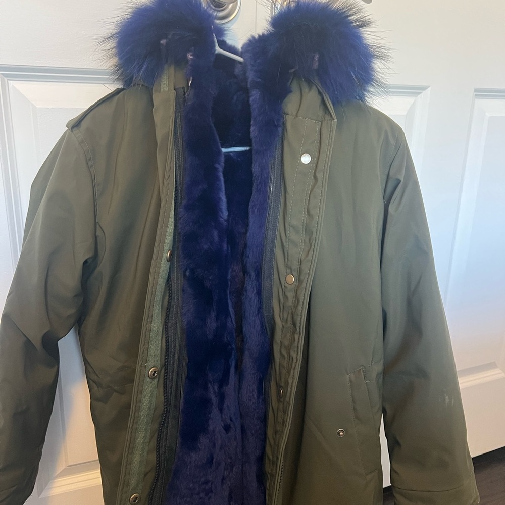 Olive Green Parka with Blue Faux Fur Lining